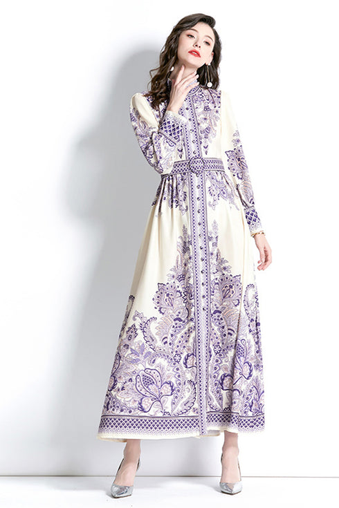 Designer Elegant Paisley Pattern, Lantern Sleeves, Stand Collar, Belted Vintage A-Line Party, Wedding Guest Women Maxi Dress - Lavender